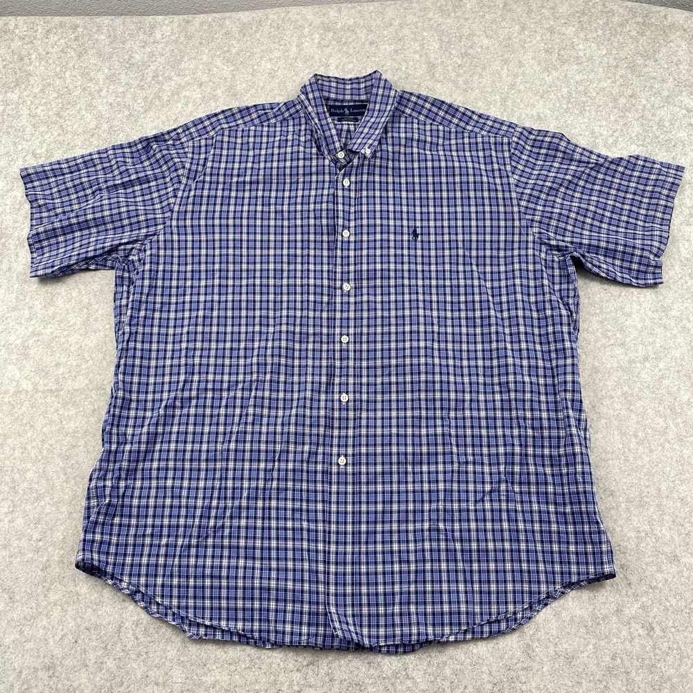 Ralph Lauren Blake Shirt Mens XL Blue Plaid 100% Cotton Short Sleeve Button-Down